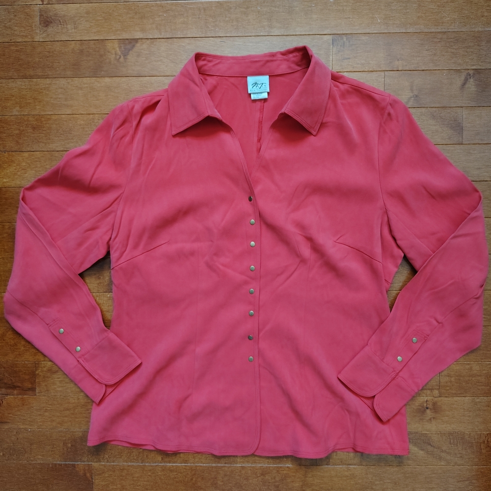 Norm Thompson 100% Silk Herringbone Weave Long Sleeve Blouse Button Women's 12
